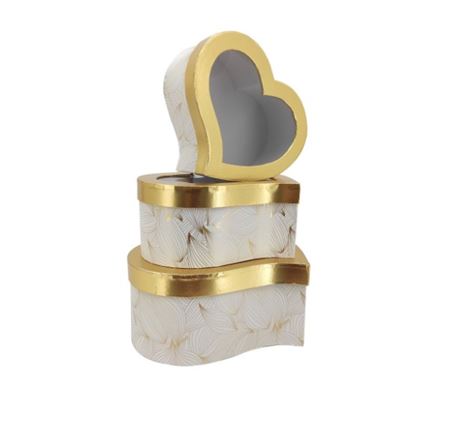 Box. Tris Cuore Storto Bianco Oro Cop. Trasp.