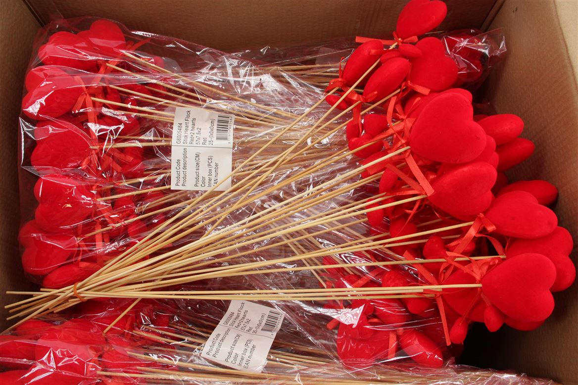 Deco. Stick Heart Flock Red+2hearts