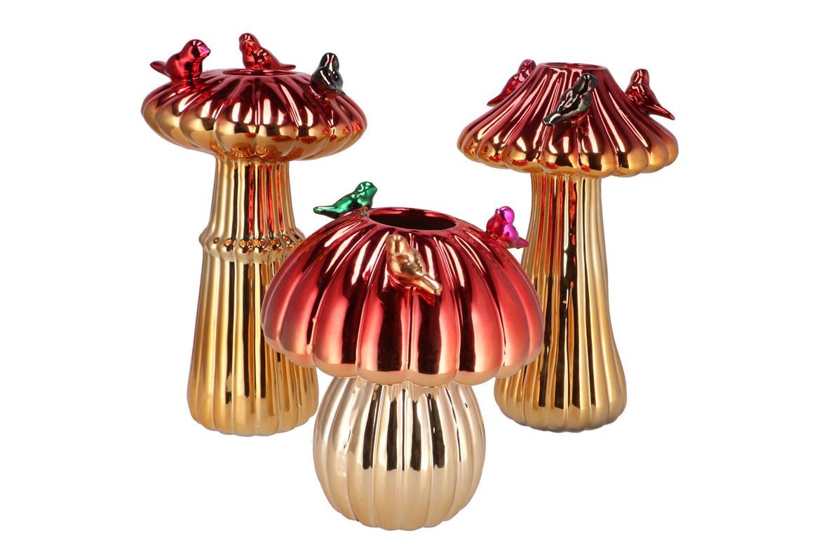 Vasi Ceramica. Bird Mushroom Metalic Red 18x18x31c